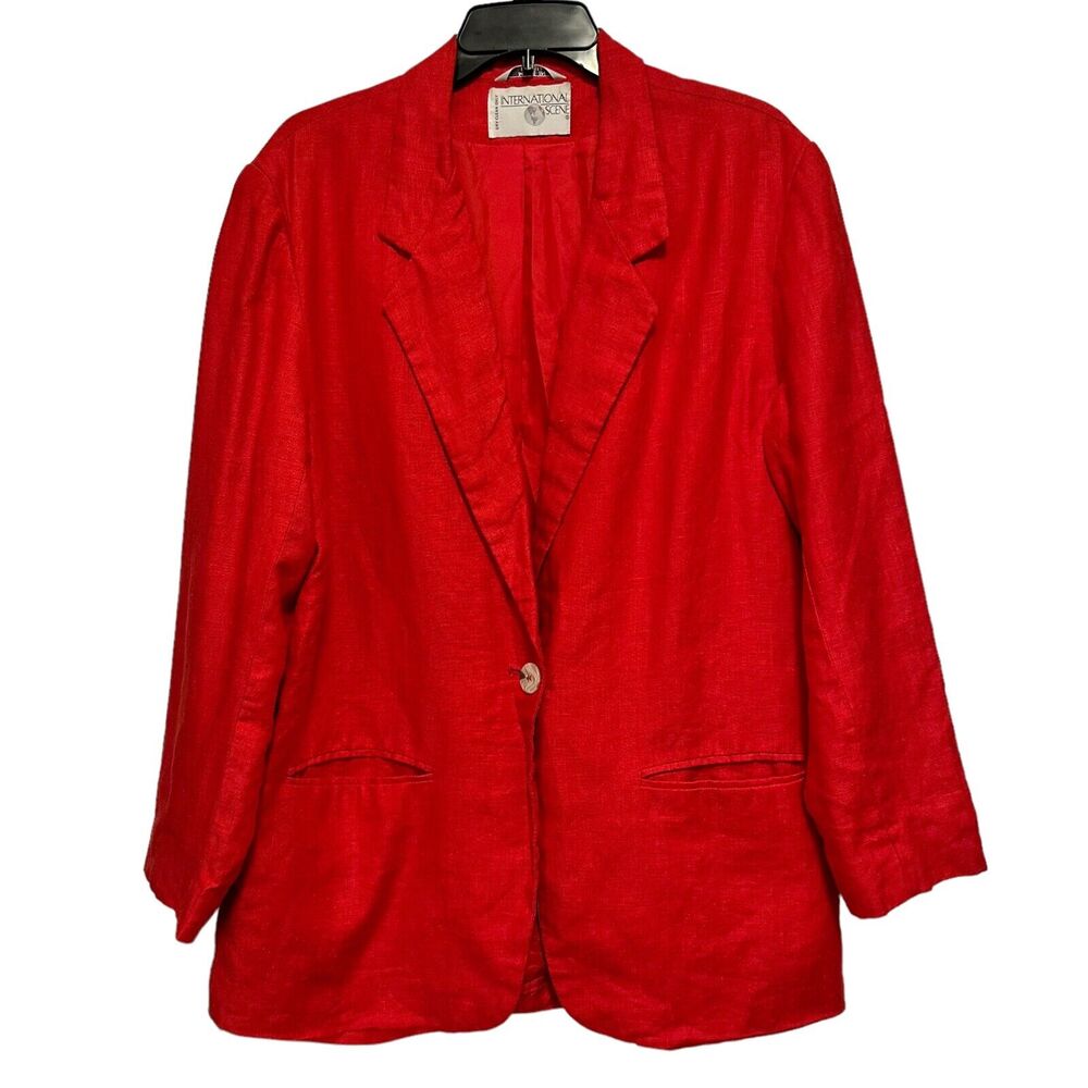 International‎ Scene Linen Blazer Womens Size 14 Vintage Red FLAW